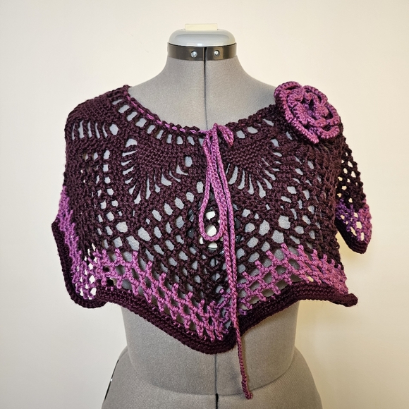 Custom Made eggplant purple lilac border acrylic crochet cape poncho one size - Picture 2 of 5